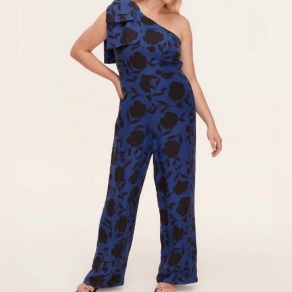 Kate Spade Blue and Black Floral One-Shoulder Jumpsuit